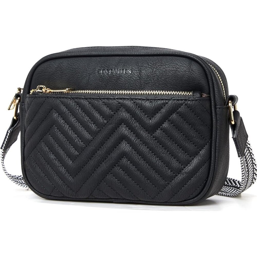 Quilted Vegan Leather Crossbody Black Bag Women Wide Strap and Shoulder Use - Picture 8 of 8